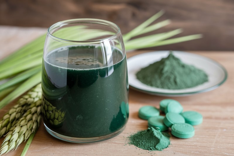 Zelené supergreens - mladý jačmeň, zelená pšenica, riasy spirulina a chlorella rozmiešané vo vode